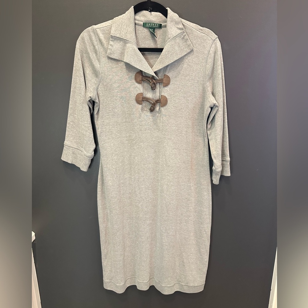 Lauren Ralph Lauren | Heather Gray Midi Dress with Brown Toggles | Medium